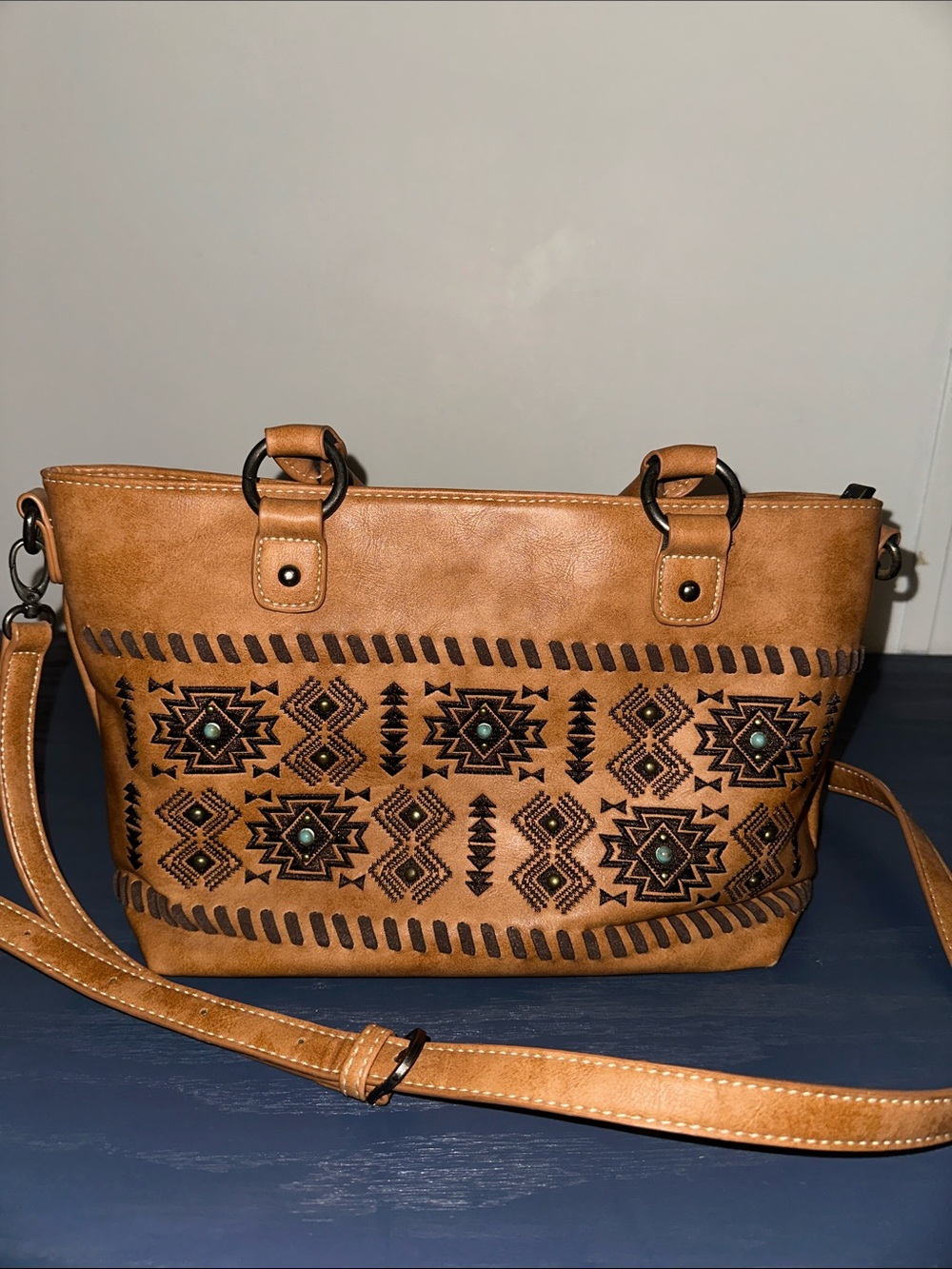 Tan Embossed Southwestern Crossbody Bag